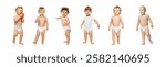 Standing babies, some holding objects, one eating apple, others looking around, showing first steps of independence, highlighting discovery phase in early growth. Concept of childhood, motherhood