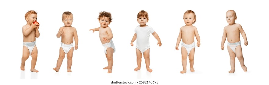 Standing babies, some holding objects, one eating apple, others looking around, showing first steps of independence, highlighting discovery phase in early growth. Concept of childhood, motherhood