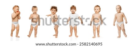 Standing babies, some holding objects, one eating apple, others looking around, showing first steps of independence, highlighting discovery phase in early growth. Concept of childhood, motherhood