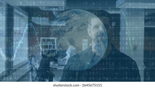 Standing bearded man analyzing globe and binary code in office, consulting colleagues at monitors. Technology, collaboration, data, business, digital, innovation, modern