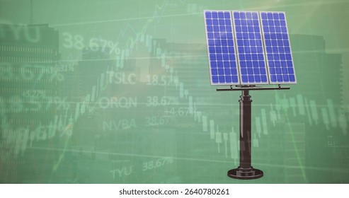 Standing blue solar panel array on pole against city skyline with stock chart overlay, copy space. Renewable, sustainable, technology, modern, finance, investment, ecofriendly