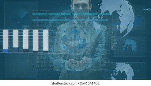 Standing businessman in gray suit in data hub, with holographic globe and data overlays. Technology, cybersecurity, analytics, digital, innovation, futuristic, corporate - Powered by Shutterstock - Get 15% off with code: PIKWIZARD15