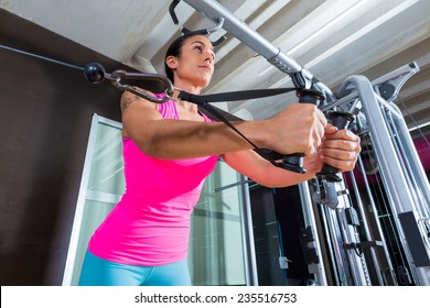 Standing Cable Crossover Fly Pulley Flies Woman Workout At Gym