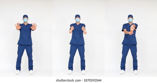 Standing caucasian medical professional  in uniform doing stretching exercises for hand relaxation 