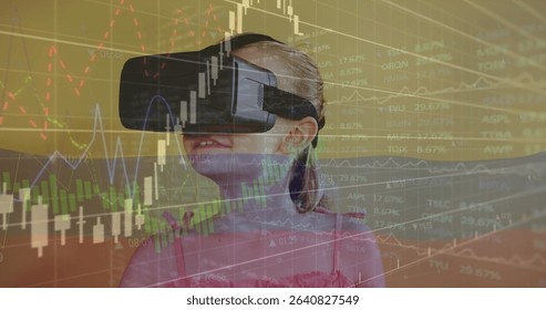 Standing child wearing pink top and black VR headset in trading simulation with candlestick charts. Virtual reality, data visualization, augmented interface, digital environment, futuristic,