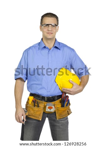 Standing construction worker holding a hard hat [[stock_photo]] © 