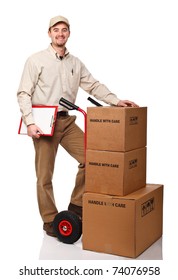 Standing Delivery Man With Red Hand Truck On White Background
