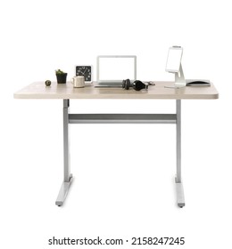 Standing Desk With Modern Devices On White Background