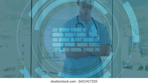 Standing doctor in scrubs folding arms in clinic, with stethoscope, firewall interface, binary code. Healthcare, technology, innovation, security, digital, professional, urban - Powered by Shutterstock - Get 15% off with code: PIKWIZARD15