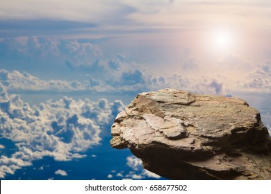 Standing Empty On Top Of A Mountain View, Blank Space Cliff Edge With On Clouds Blue Sky