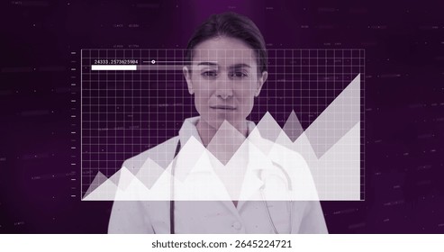 Standing female doctor presenting rising graph in digital studio, with lab coat and stethoscope. Healthcare, data analytics, futuristic, medical technology, digital interface, professional, innovation - Powered by Shutterstock - Get 15% off with code: PIKWIZARD15