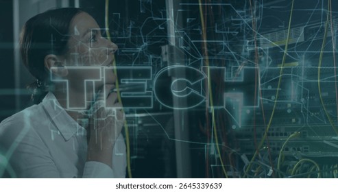 Standing female network engineer checking racks and cables in server room, TECH overlay, copy space. Technology, data center, cybersecurity, connectivity, digital, infrastructure, innovation