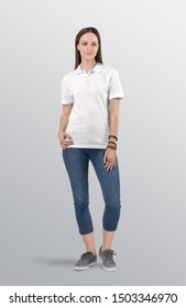 Standing Female Woman Model Wearing White Plan Polo Shirt In Blue Denim Jeans Capri Pant