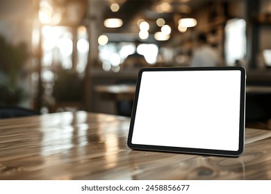 standing horizontal blank white 16:9 screen tablet on top wooden table work on office background - Powered by Shutterstock