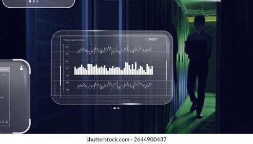 Standing Korean IT admin monitoring server racks in data center, with floating charts, copy space. Technology, data, cybersecurity, innovation, server, network, digital