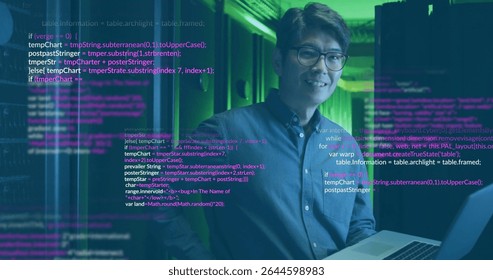 Standing Korean man holding laptop inside server room, with server racks and overlaid code text. Technology, data center, cybersecurity, digital, innovation, industrial, professional
