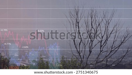 Standing leafless tree at right edge, merging with mist and translucent stock charts, copy space. Fog, silhouette, desaturated, overlay, gridlines, finance, urban