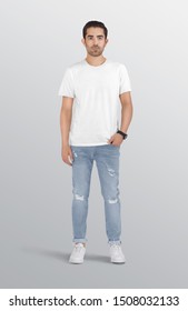 Standing Male Model Wearing White Plain Ringer T Shirt In Blue Denim Jeans Pant. Isolated Background.