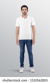 Standing Male Model Wearing White Plain Polo T Shirt In Blue Denim Jeans Pant. Isolated Background.