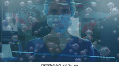 Standing medical professional wearing blue scrubs, mask and cap at hospital lab, with virus overlay. Healthcare, epidemiology, biomedical, technology, diagnostics, research, data visualization