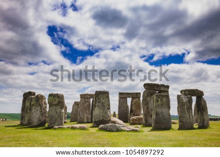Standing megalith stones of ancient prehistoric monument Stonehenge in Wiltshire, South West England, UK, UNESCO World Heritage Site