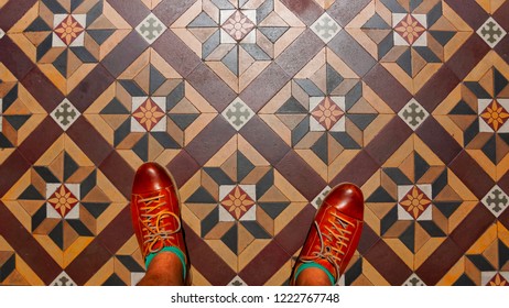 Standing On Beautiful Peranakan House Tiles And Mosaic
