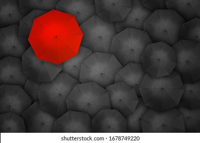 Standing Out From The Crowd, High Angle View Of Red Umbrella Over Many Dark Ones