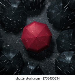 Standing Out From The Crowd, High Angle View Of Red Umbrella Between Many Dark Ones In The Rain