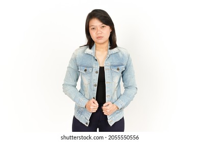 Standing and posing of Beautiful Asian Woman Wearing Jeans Jacket and black shirt Isolated On White Background