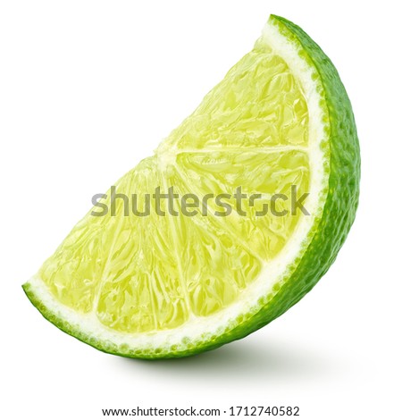 Standing ripe slice of lime citrus fruit isolated on white background with clipping path. Full depth of field.