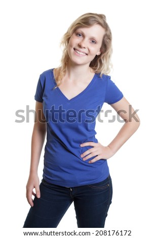Standing scandinavian woman in a blue shirt