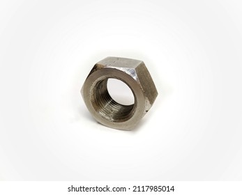 Standing Single Thread Hexagon Nut Made Of Steel Metal On A White Background