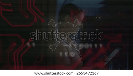 Standing IT specialist in tech center with tablet, headset, skull icon and circuit traces. Cybersecurity, technology, digital, innovation, security, data, surveillance