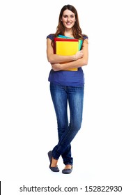 Standing student woman. Isolated on white background. - Shutterstock ID 152822930