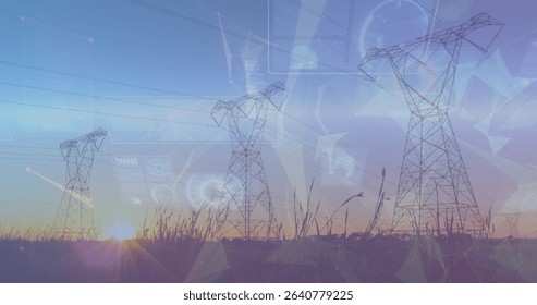 Standing three transmission towers over rural grassland at sunrise, with holographic data visuals. Energy, infrastructure, technology, sustainability, monitoring, digital, renewable