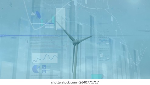 Standing wind turbine displaying chart overlays over coastal horizon, with financial data panels. Renewable energy, sustainability, technology, data visualization, ocean, clean power, modern design