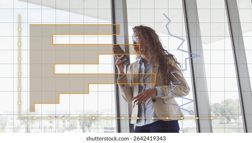 Standing woman in beige blazer reviewing smartphone data by office windows, financial chart overlay. Businesswoman, financial analysis, modern architecture, urban environment, data visualization,