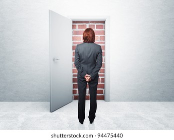 Standing Woman And Closed Door