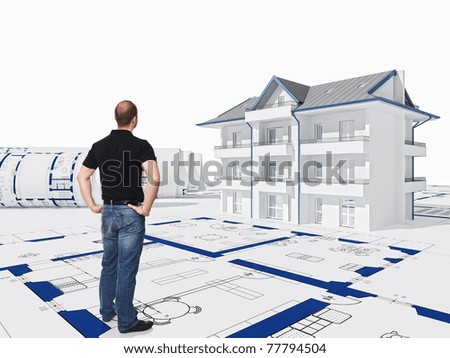 standing worker back view and 3d house