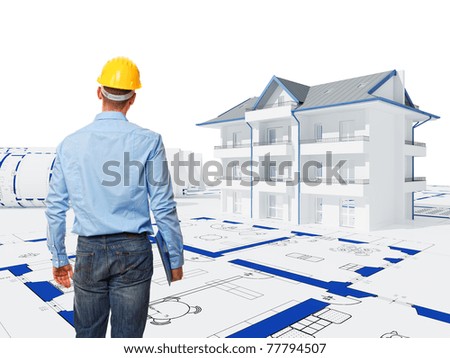 standing worker back view and 3d house