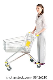 Standing Young Woman With Empty Shopping Cart