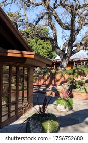 Stanford, California / USA - December 27 2019: Residential Architecture Landmark Prairie Style Hanna Honeycomb House By Architect Frank Lloyd Wright