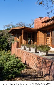 Stanford, California / USA - December 27 2019: Residential Architecture Landmark Prairie Style Hanna Honeycomb House By Architect Frank Lloyd Wright