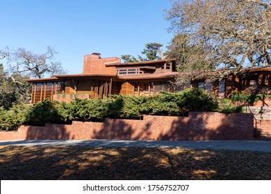 Stanford, California / USA - December 27 2019: Residential Architecture Landmark Prairie Style Hanna Honeycomb House By Architect Frank Lloyd Wright