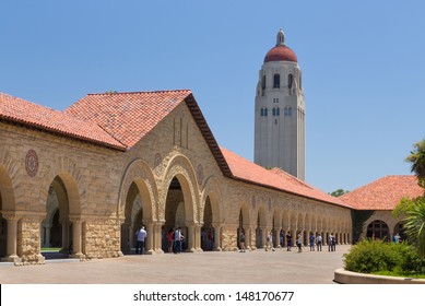 STANFORD, CA/USA - JULY 6:  Historic Stanford University features original sandstone walls with thick Romanesque features before a quadrant of open courtyards. July 6, 2013.