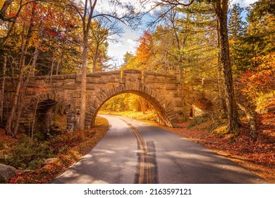 The Stanley Brook Bridge in the Acadia National PArk on a sunny fall day