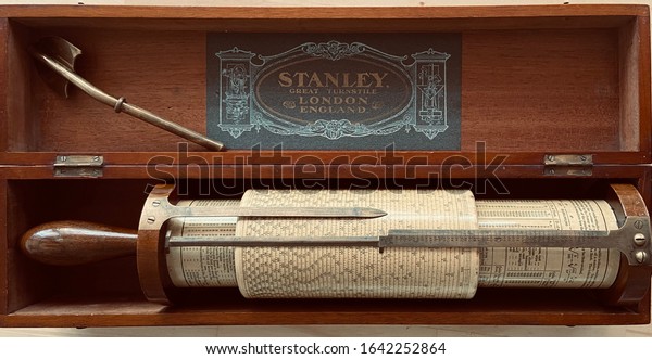 Stanley Fuller calculator slide rule of mahogany,\
paper and brass dated in 1919. Private Collection, Florida,\
February, 9, 2020