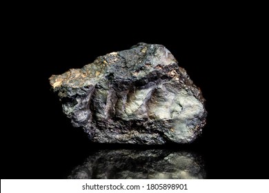 Stannite, Tin And Copper Iron Ore, Raw Rock On Black Background, Mining And Geology, Mineralogy