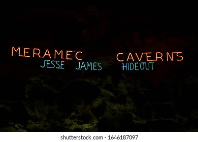 Stanton, Missouri - June 12 2015: A neon sign at Meramec Caverns, a Jesse James hideout.