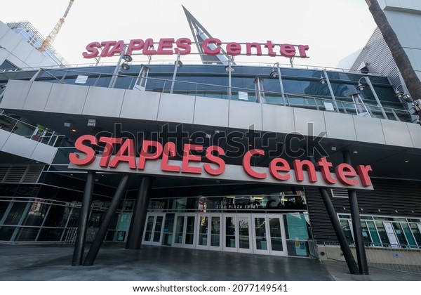 Staples Center is seen Thursday, Nov. 18,\
2021, in Los Angeles. The Staples Center in downtown Los Angeles\
will be renamed Crypto.com Arena on Christmas.\
